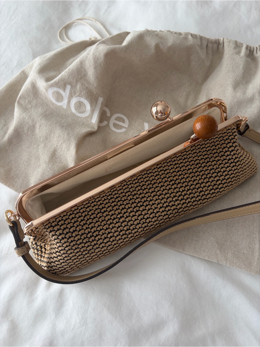 Dolce Vita Beige Woven Clutch with Rose Gold Frame and Wooden Bead - Picture 3 of 4